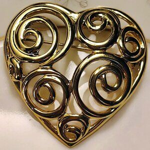 Vintage 80s Gold tone Swirly Scrolled Heart Statement Brooch Unsigned